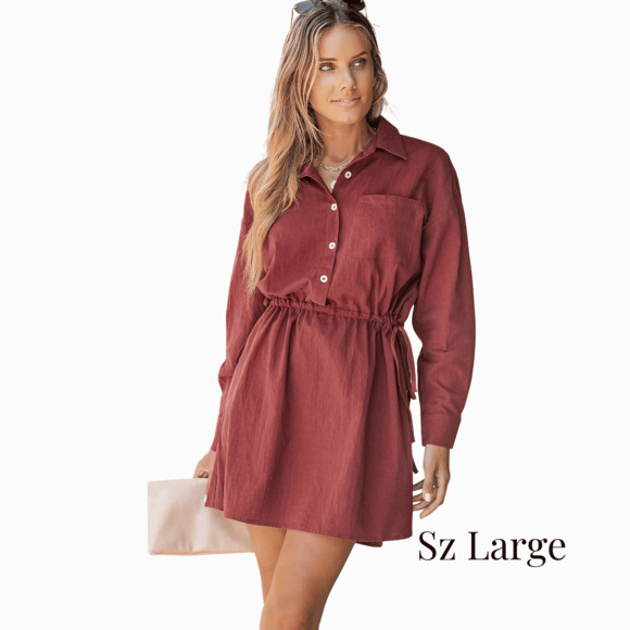 Maroon Mini Shirt Dress, Button-Front, Drawstring, Women's Cupshe, Sz Large - Picture 1 of 7